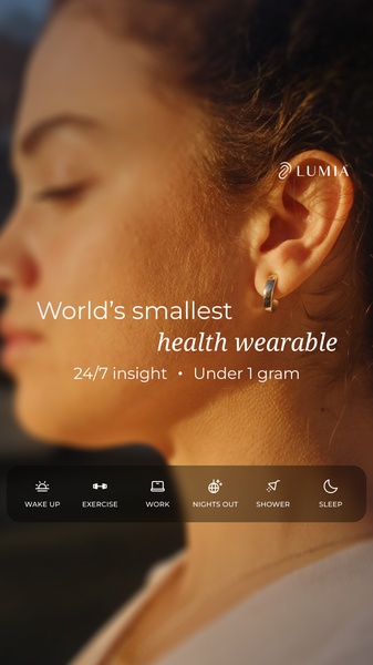A refined 9:16 ad creative showcasing a health wearable ring on a model with text highlighting its small size and constant data tracking.